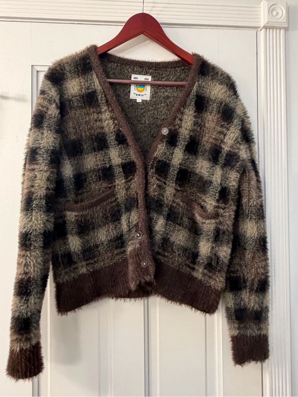 UNIF Brown and Cream Fuzzy Plaid V‑Neck Cardigan